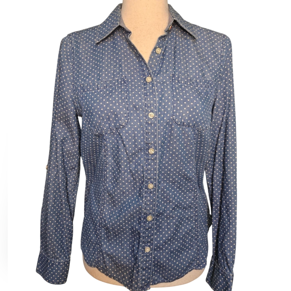 Talbots Petite 8P Polka Dot Chambray Button-Up Shirt
